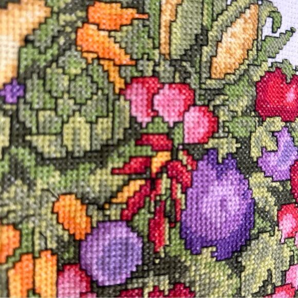 14” X 37 “ Topiary Flowers & Fruits Crossstitched Unframed - Picture 6 of 10